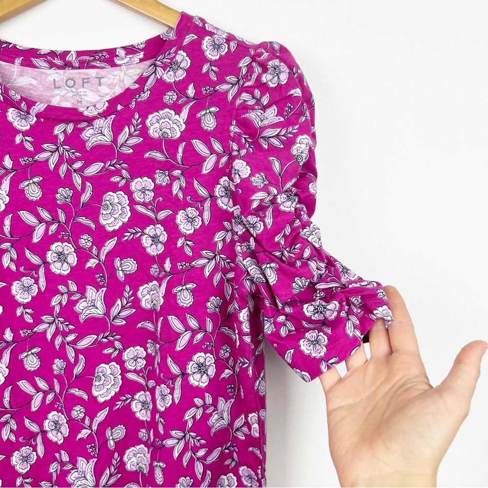 Loft Floral Cinched Puff Sleeve Tee NWT Medium - Picture 7 of 9